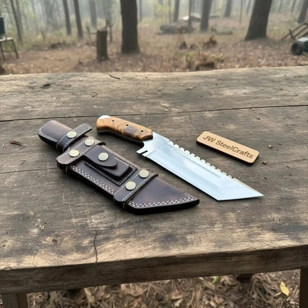 Rustic table fixed blade knife and sheath set displayed outdoors with a JW SteelCrafts tag in a woodland background.
