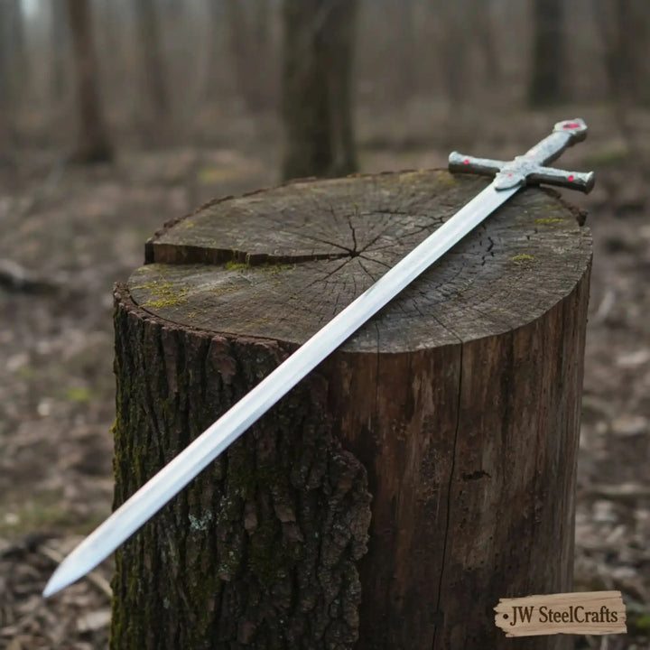 Full-length view of a medieval longsword with a slim tapered silver blade and ornate red gem-studded guard, resting on a weathered mossy tree stump outdoors.