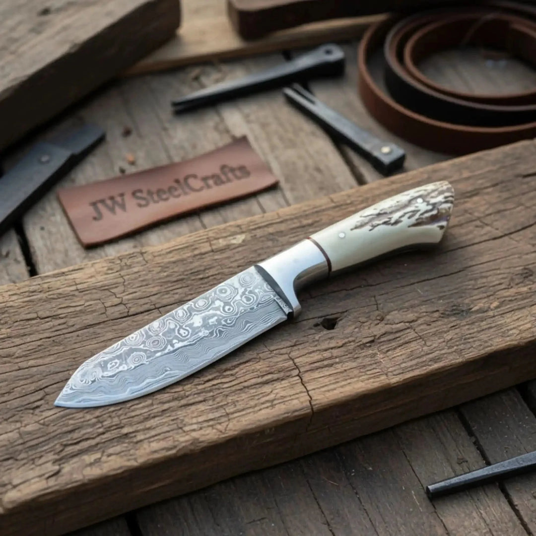The Damascus Frostbite Skinner Knife Decorative Knife With A Detailed Blade Displayed On A Wooden Surface.