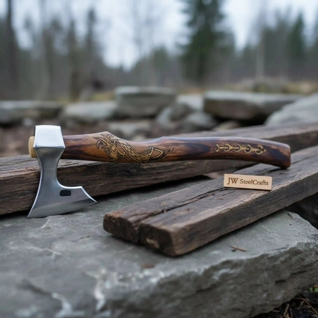 Umberfang-inspired Viking survival weapon featuring compact steel axe head and handcrafted wooden craftsmanship.