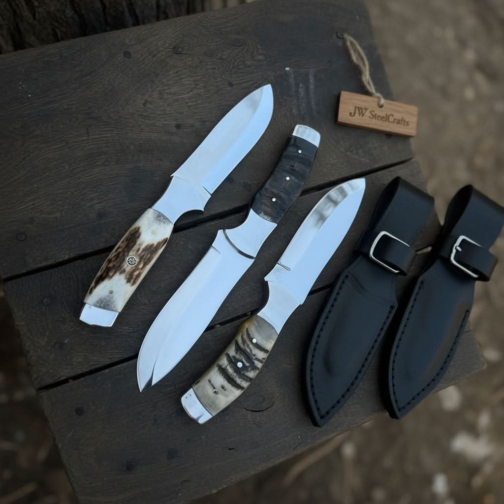 Trio of hunting knives with stag antler, striped horn, and dark carved wood handles beside two black leather sheaths on wood
