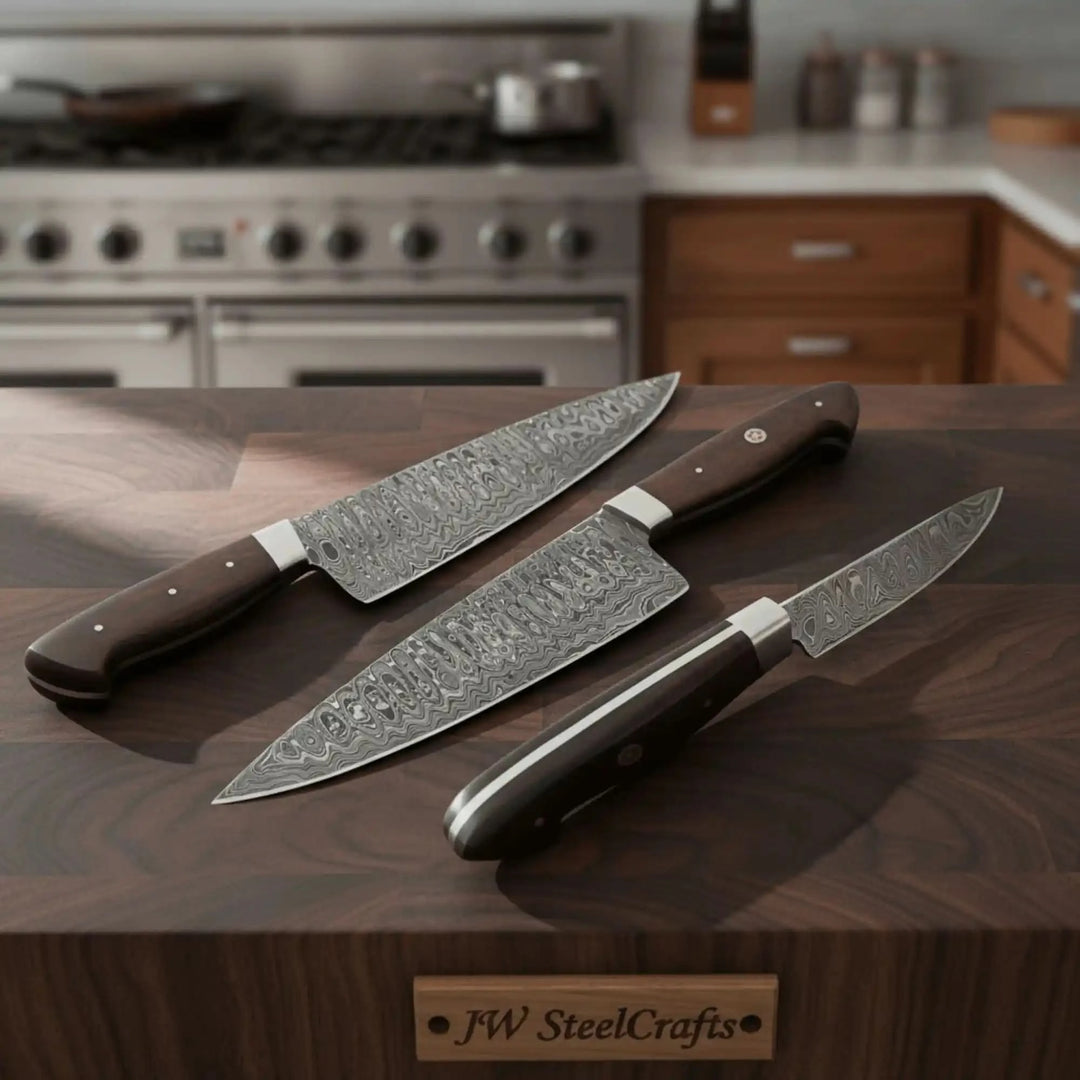 Decorative Damascus blade set displayed on a walnut board with kitchen background