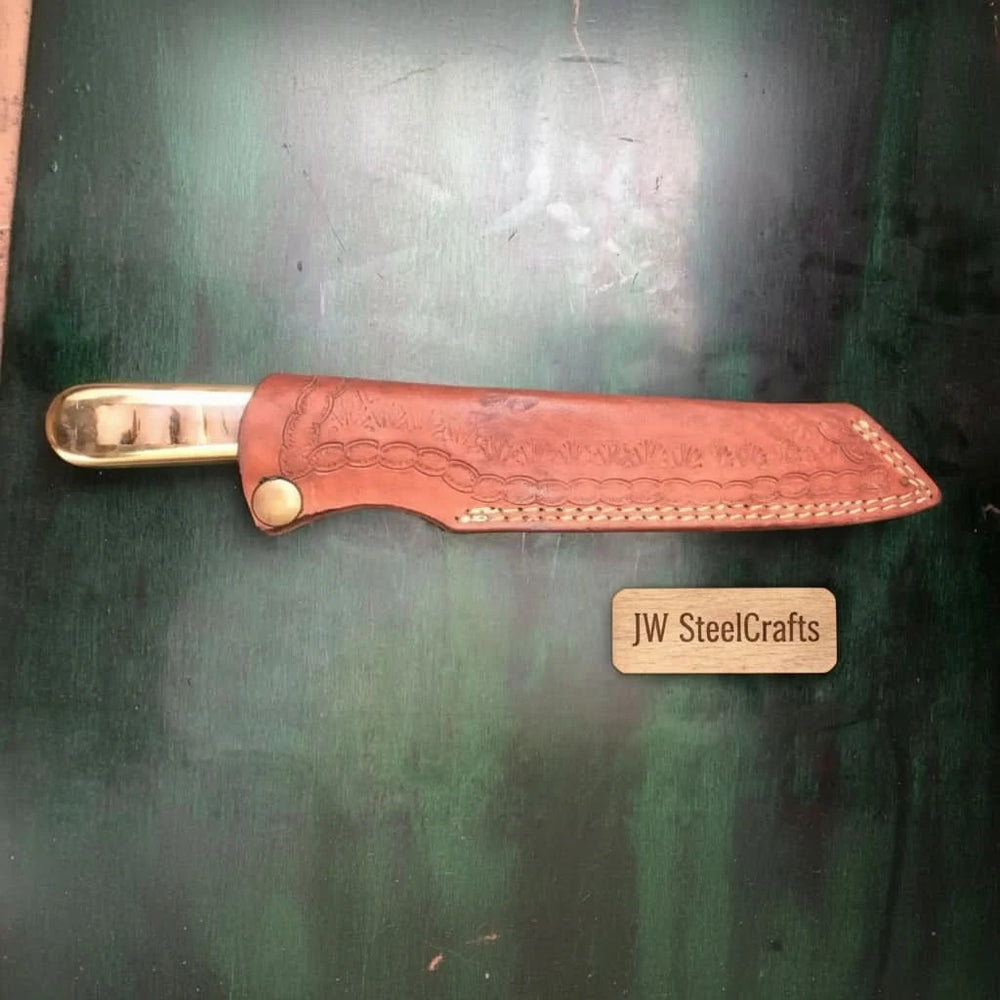 Brass end knife leather case with embossed design and secure snap strap