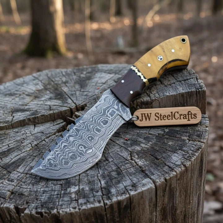 tracker knife Custom, 10", DAMASCUS KNIFE, Damascus steel knife, hunting, exotic Yellow Heart &amp; Walnut wood handle, leather sheath handmade Handmade Tracker Knives by JW SteelCrafts