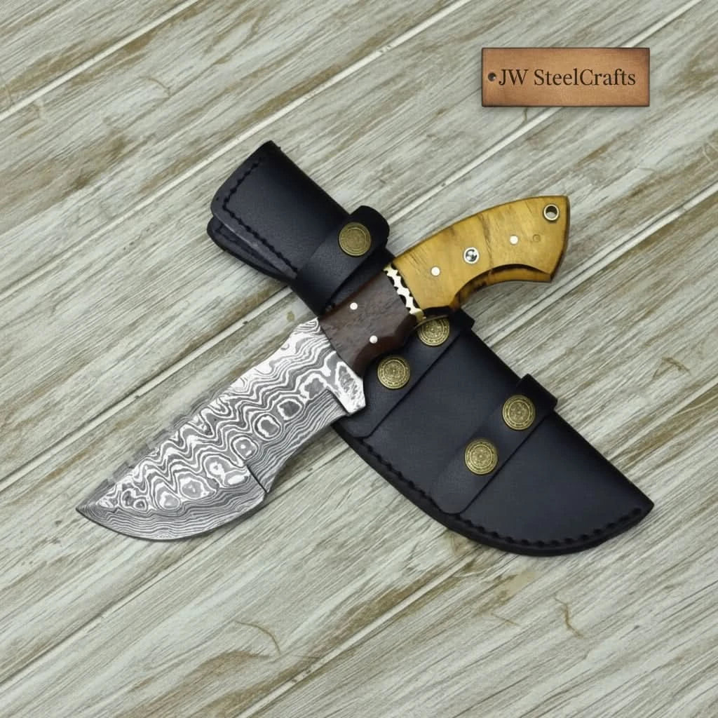 tracker knife Custom, 10", DAMASCUS KNIFE, Damascus steel knife, hunting, exotic Yellow Heart &amp; Walnut wood handle, leather sheath handmade Handmade Tracker Knives by JW SteelCrafts