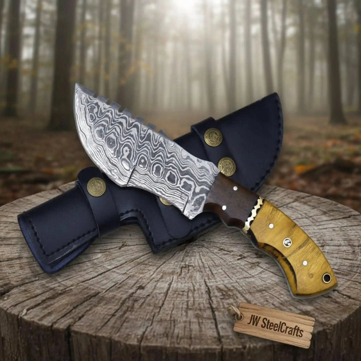 tracker knife Custom, 10", DAMASCUS KNIFE, Damascus steel knife, hunting, exotic Yellow Heart &amp; Walnut wood handle, leather sheath handmade Handmade Tracker Knives by JW SteelCrafts