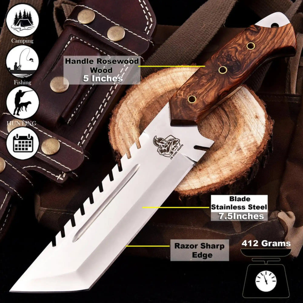 Tracker knife Full Tang Fixed Blade Knife – Stainless Steel Blade & Burl Wood Handle | JW SteelCrafts handmade Handmade Tracker Knives by JW SteelCrafts