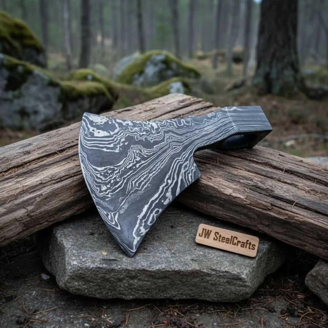    Forged Damascus belt axe head featuring bold steel wave patterns in woodland backdrop