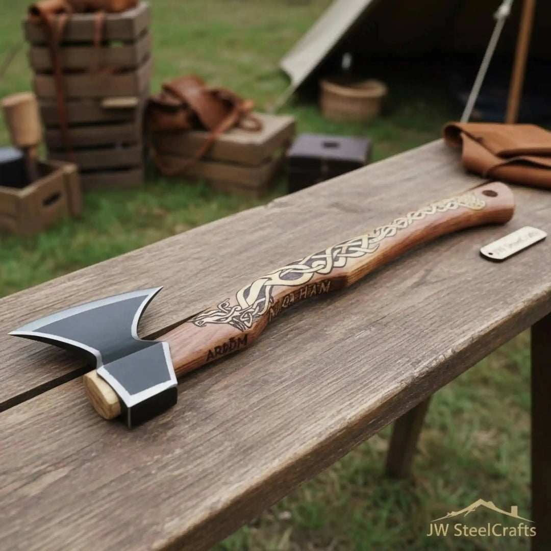     Forged Viking camping axe with decorative wooden handle design and razor sharp blade displayed in an outdoor crafting environment.