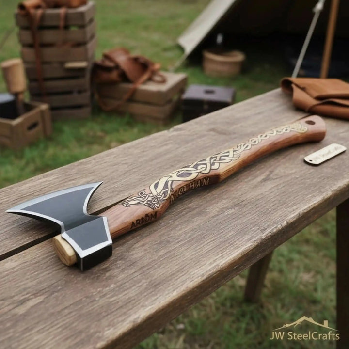     Forged Viking camping axe with decorative wooden handle design and razor sharp blade displayed in an outdoor crafting environment.