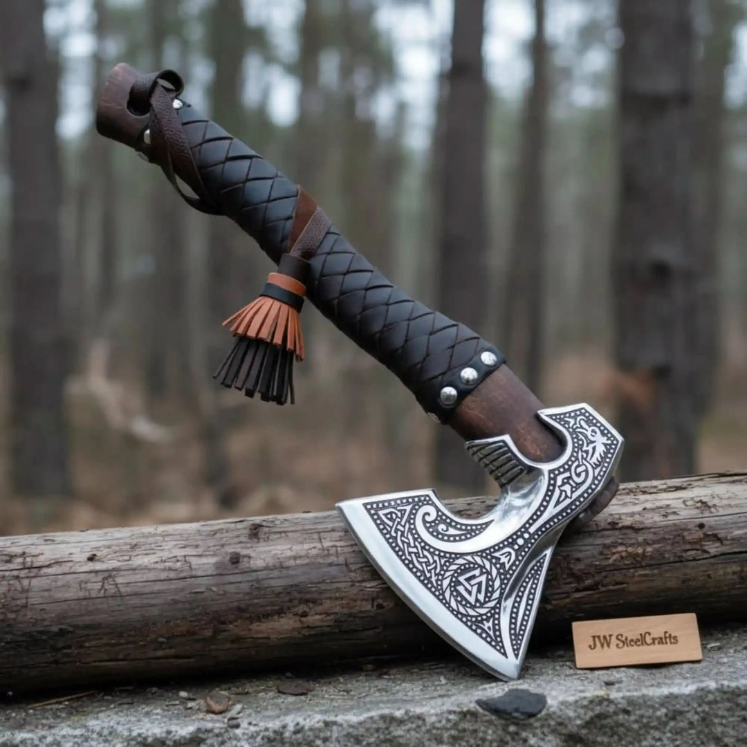 Rugged Viking axe with engraved blade artwork and textured black handle photographed on natural stone.