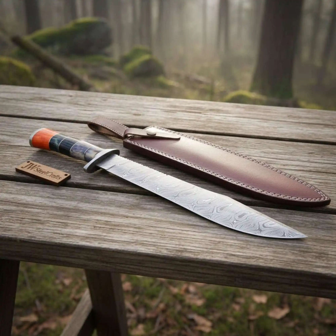     Sleek patterned hunting blade featuring layered Damascus steel and handcrafted leather sheath