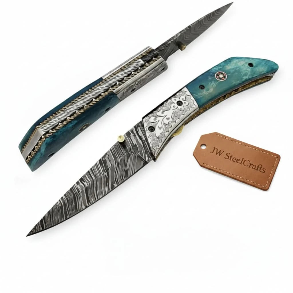     Stylish Damascus folding knife suitable for everyday carry, collection, and outdoor utility purposes