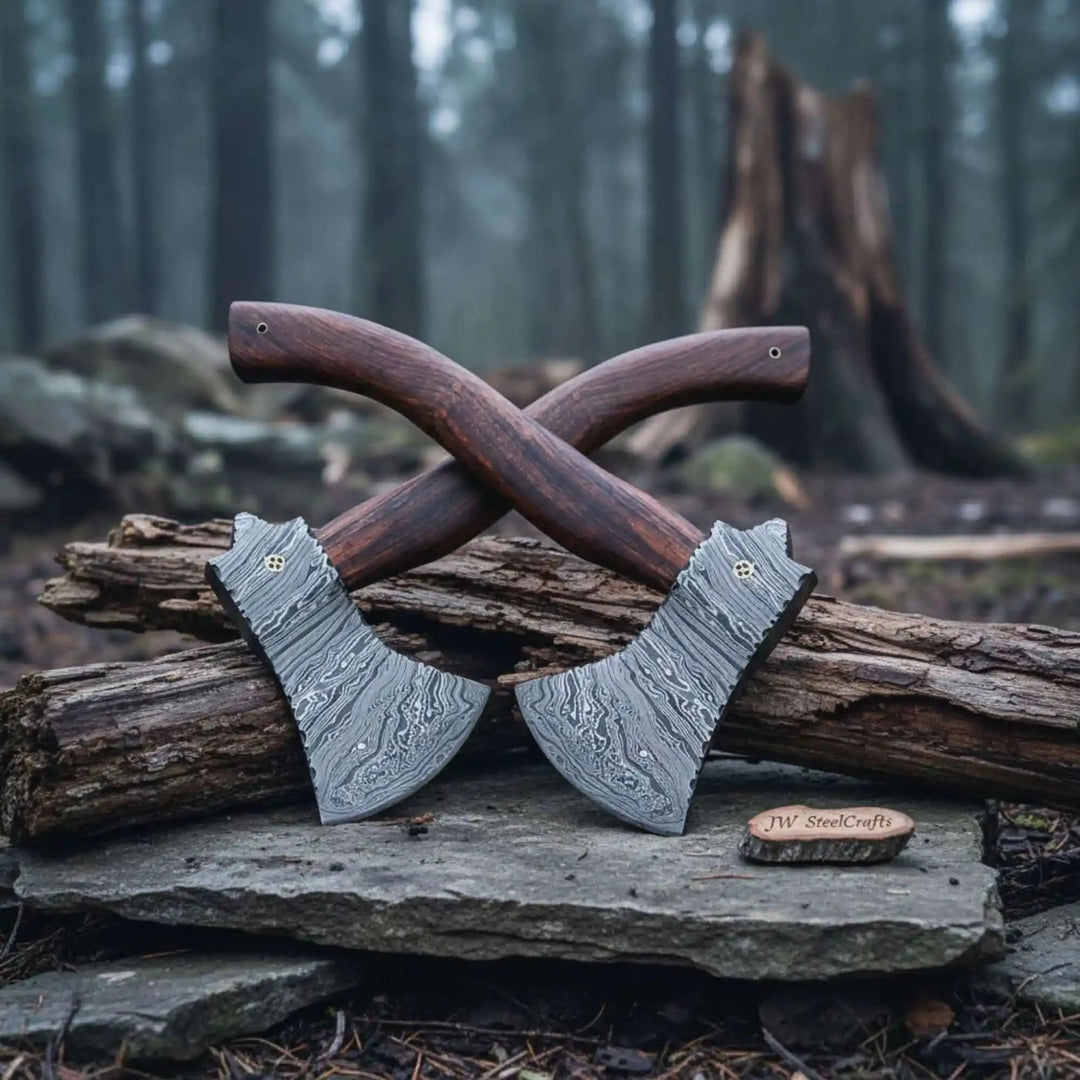     Matching Viking camp hatchets with layered Damascus steel heads and polished wooden grips in outdoor forest backdrop.