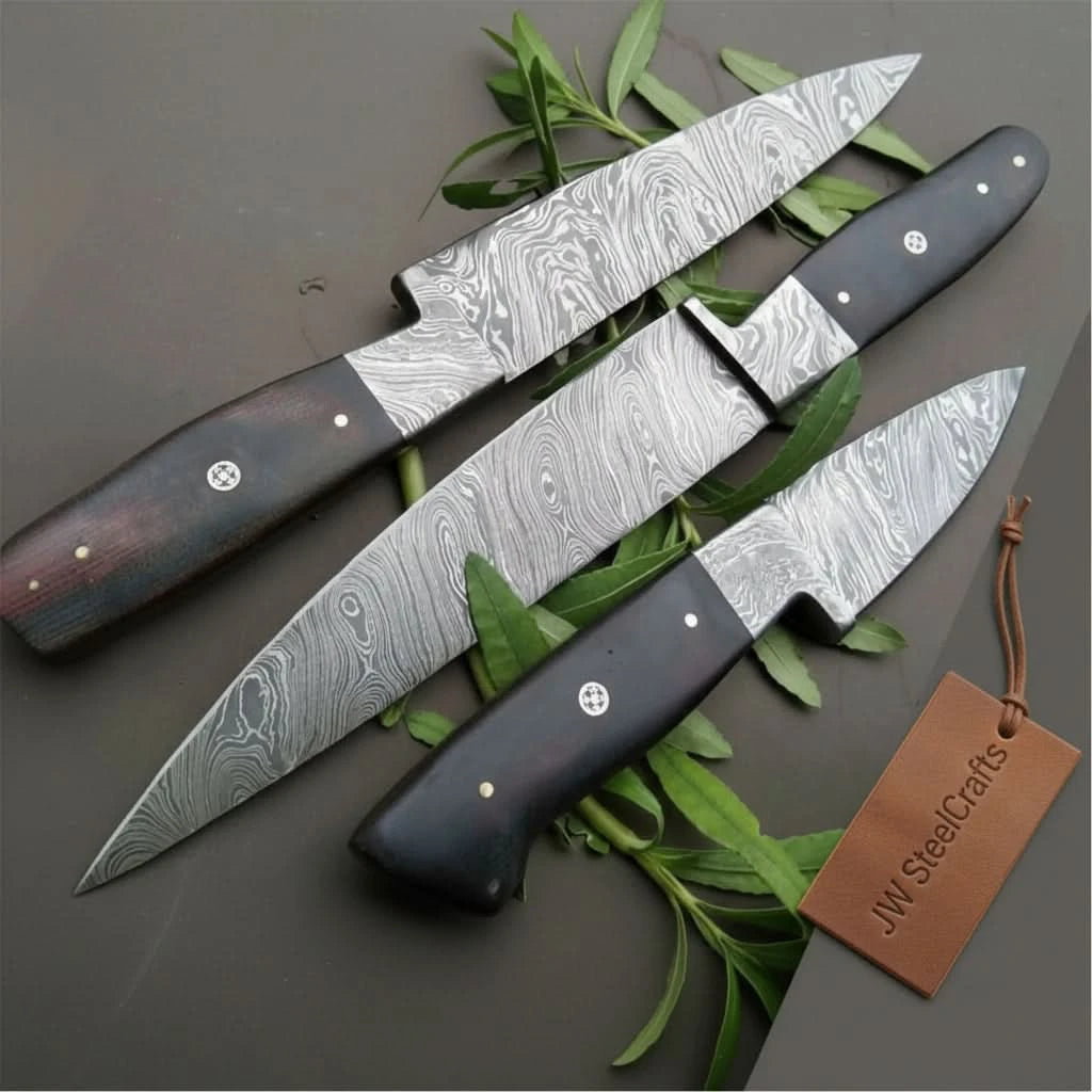 Twisted Damascus Knife Set Black Micarta