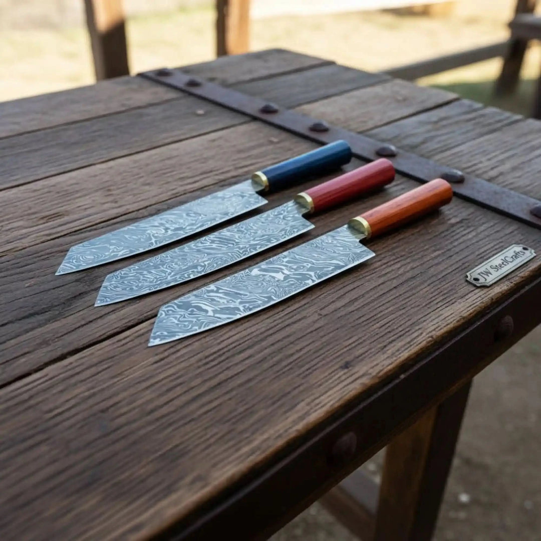 Twisted Damascus Knife Set Multicolor Pakka Wood