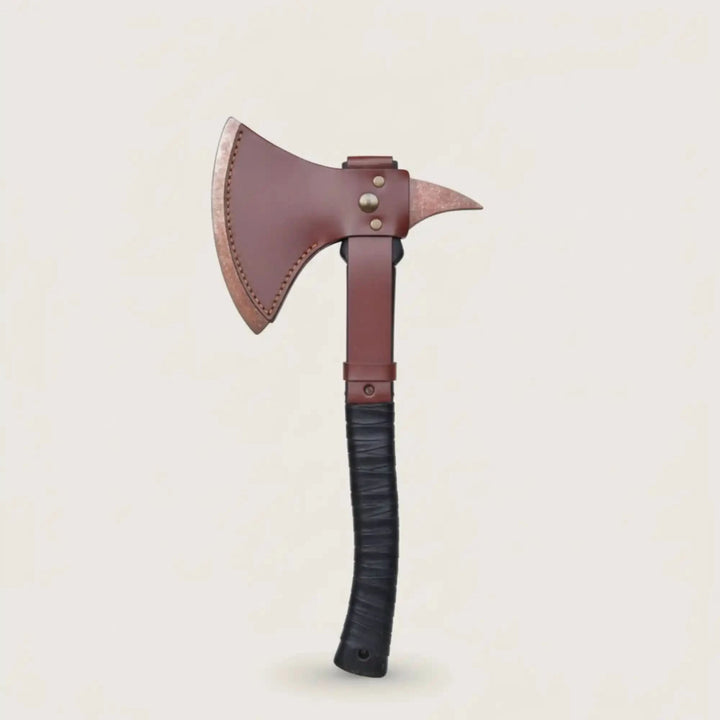 Venomfang-themed Norse combat hatchet with decorative crescent blade and sleek black handle craftsmanship.
