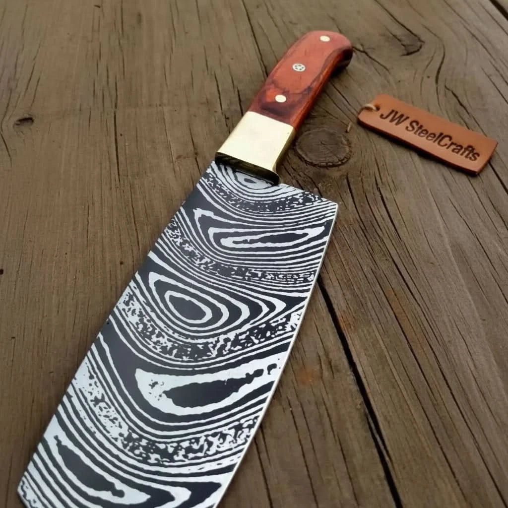 Gold collar Damascus kitchen knife with red wood handle and long cutting blade