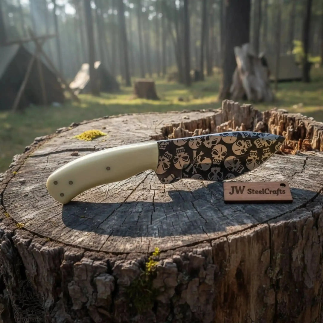 Engraved custom knife with white scales and skull themed blade displayed on a rustic tree stump in the woods.