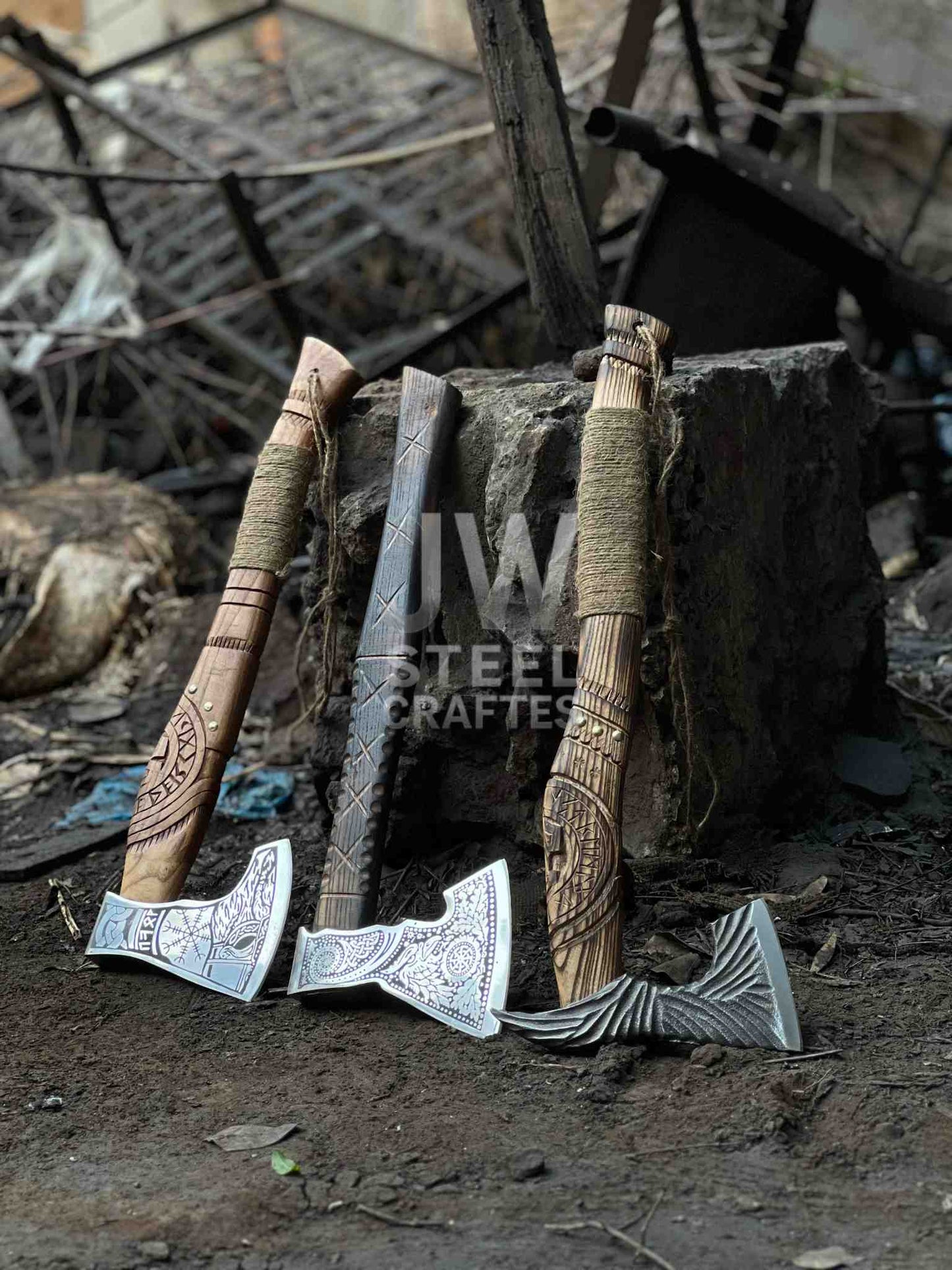 Handmade Viking Axe – Engraved Steel Head with Carved Wooden Handle