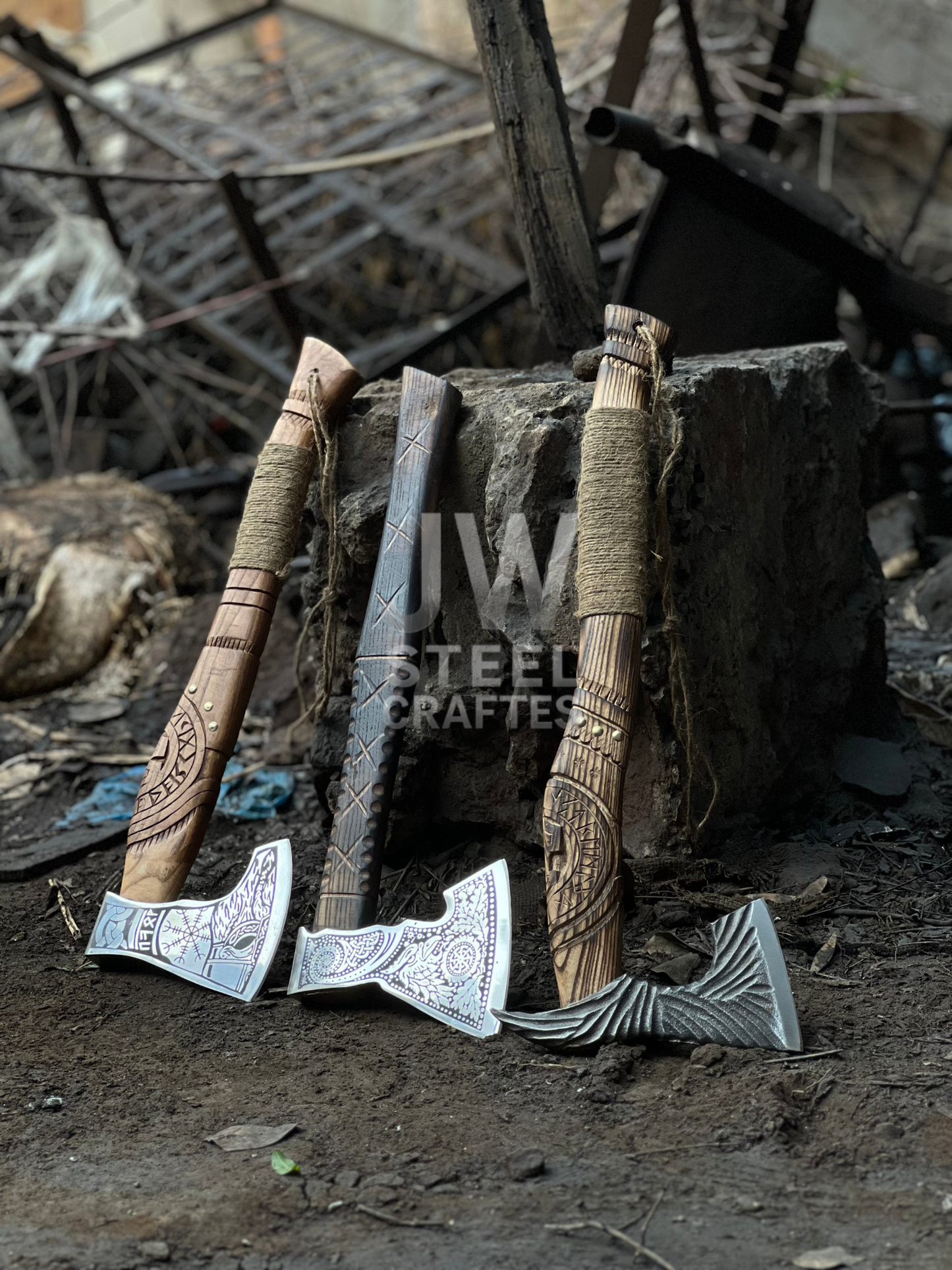 Handmade Viking Axe – Engraved Steel Head with Carved Wooden Handle