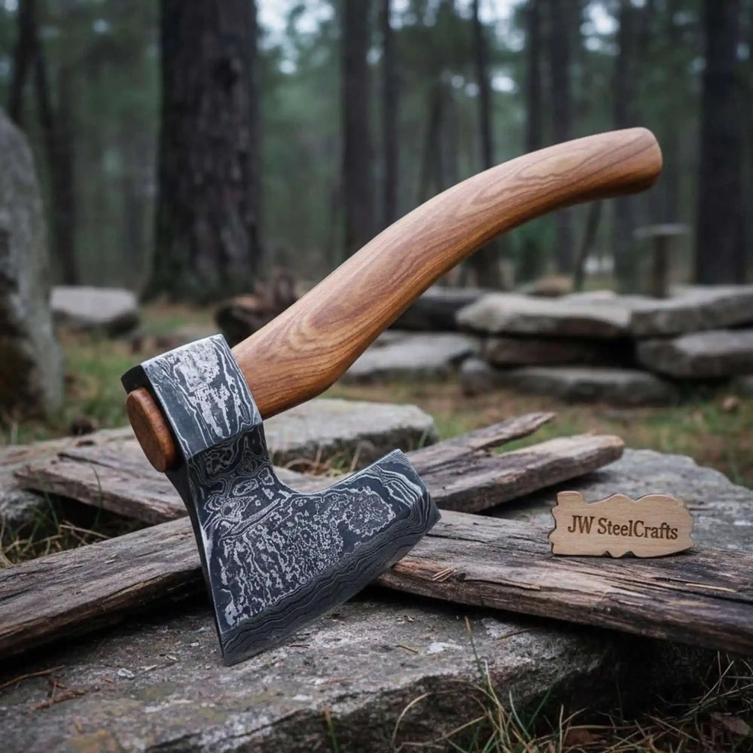     Voyager-themed Viking battle hatchet showcasing engraved Damascus steel and premium hardwood craftsmanship outdoors.