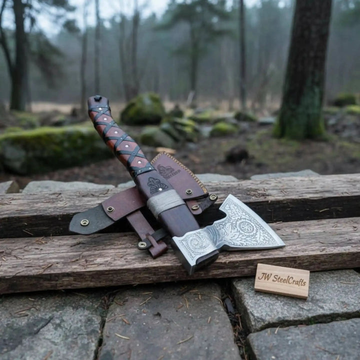 Thornveil-themed Nordic war hatchet head with decorative floral artwork and silver Viking engravings.