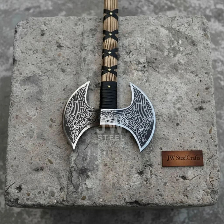Blazing Norse double-edge axe with decorative silver blade details and ergonomic wooden grip.