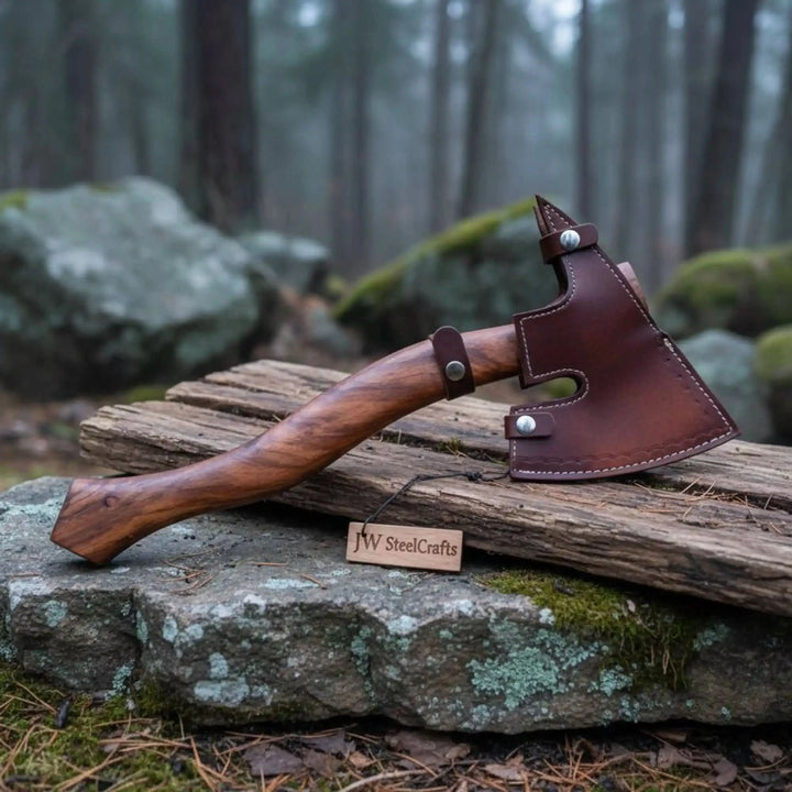 Willow-inspired Viking survival hatchet with decorative steel blade patterns and smooth hardwood grip.