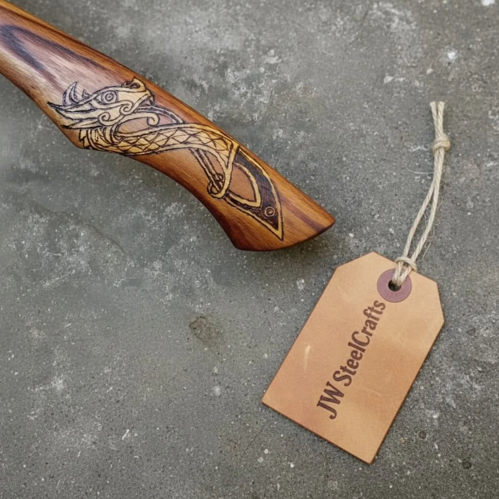 Wolfrune-inspired Viking outdoor tool displaying handcrafted wood handle engravings and premium steel blade.