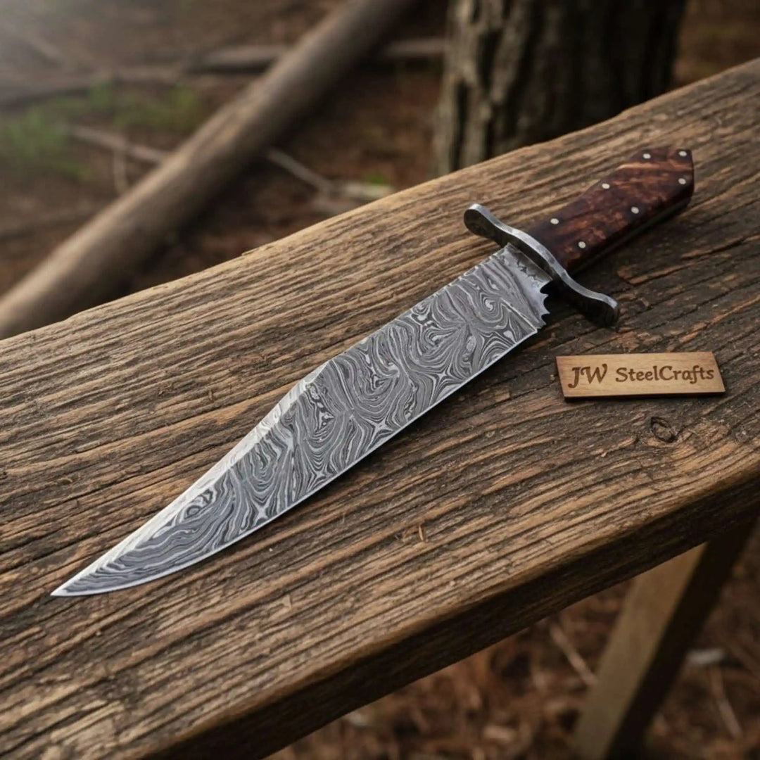 Handmade Victorian Style Bowie Knife with Damascus Steel Blade and Walnut Burl Handle handmade Clip Point Bowie Knives