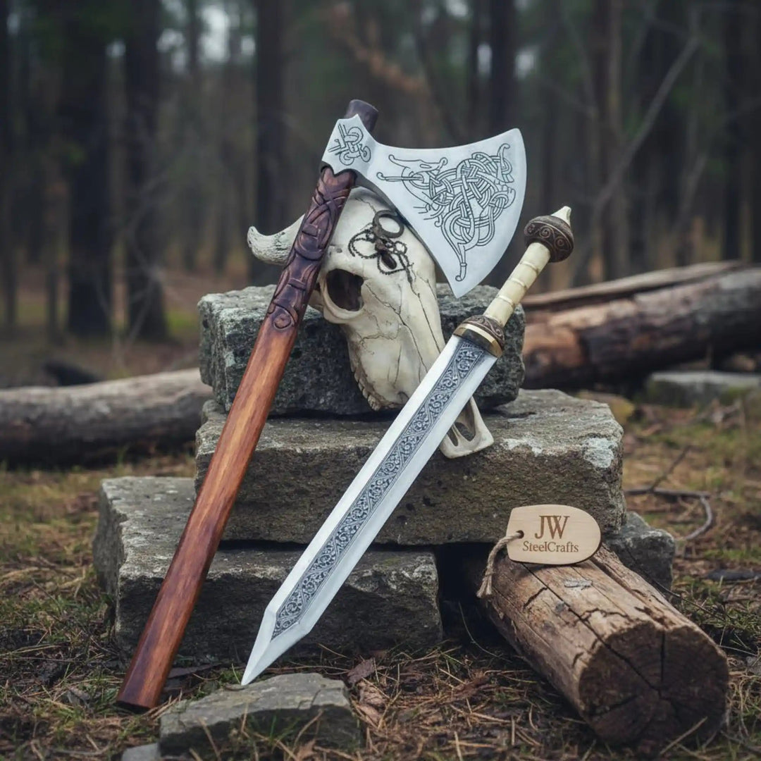 Handcrafted Viking Damascus axe and engraved Norse sword displayed with animal skull on stone blocks in a forest setting 