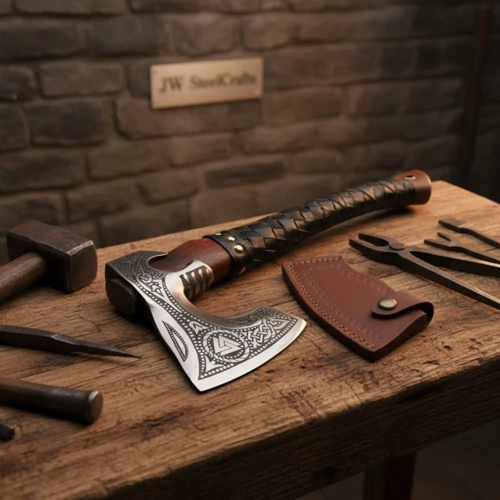 Viking Rune Engraved Bearded Hatchet with Leather Wrapped Handle and Belt Sheath | JW SteelCrafts handmade Handmade Axe by JW SteelCrafts