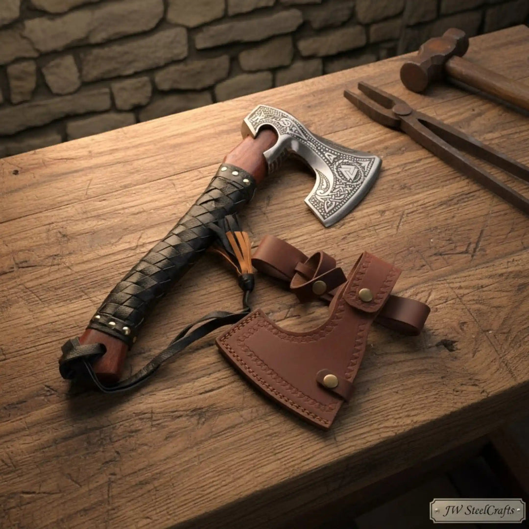 Viking rune engraved bearded hatchet with leather wrapped handle full view