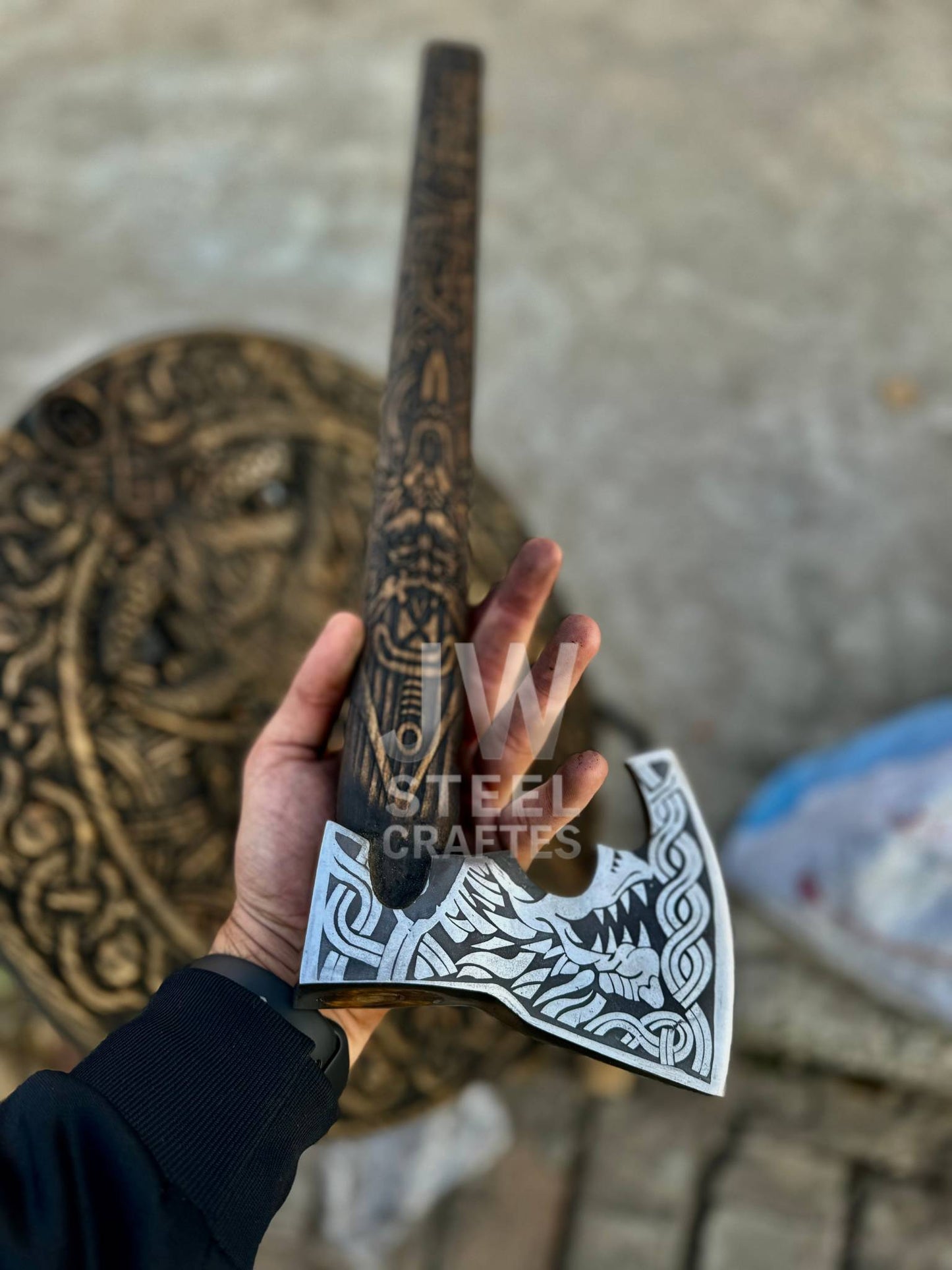 Handmade Viking Axe with Wolf Engraving & Wooden Shield – Norse Collectible Set