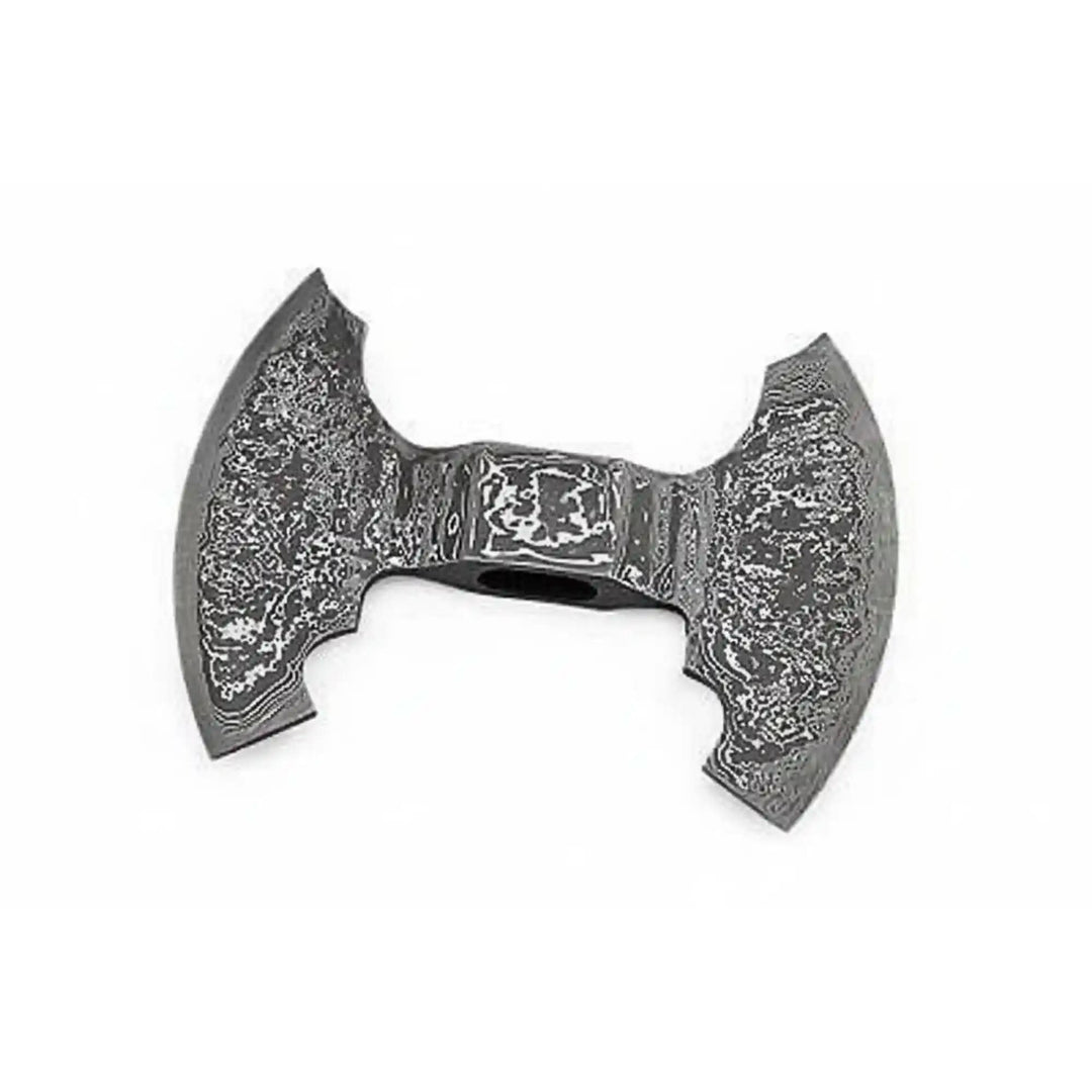     Battle inspired double bit Damascus axe head featuring curved dual blades and forged steel detailing