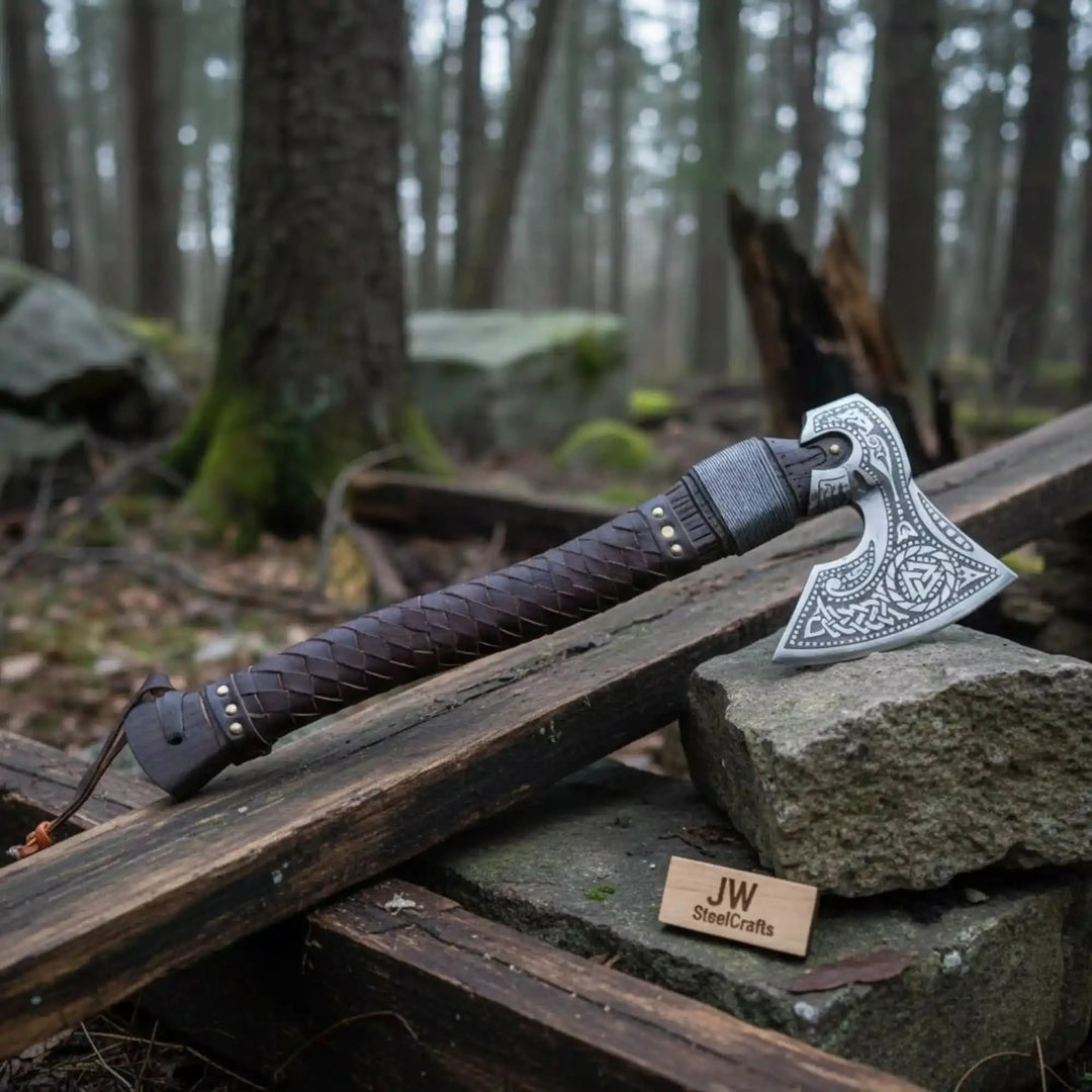 Viking Style Engraved Axe | Handcrafted Leather Wrapped Handle handmade Handmade Axe by JW SteelCrafts