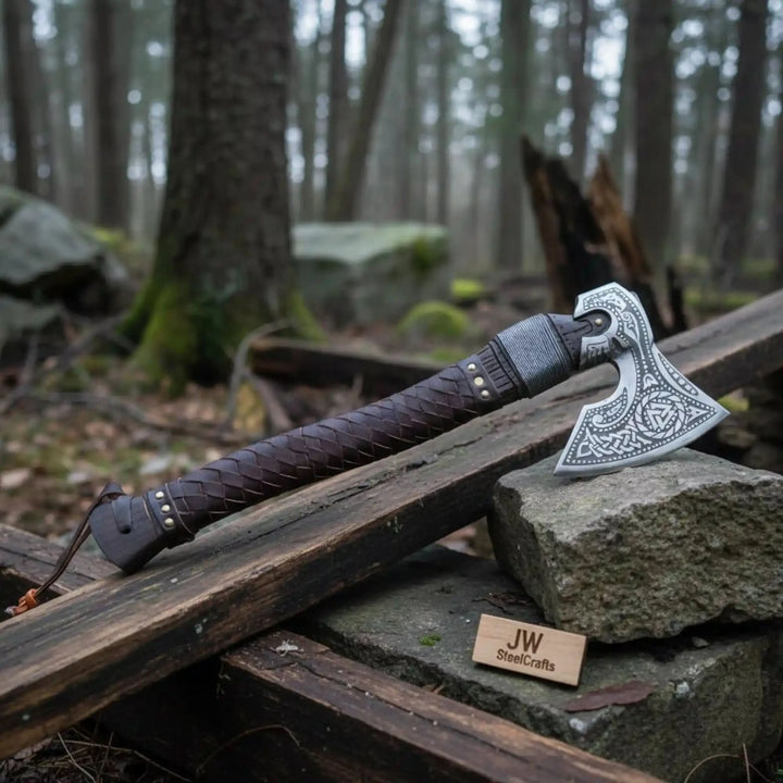 Viking Style Engraved Axe | Handcrafted Leather Wrapped Handle handmade Handmade Axe by JW SteelCrafts
