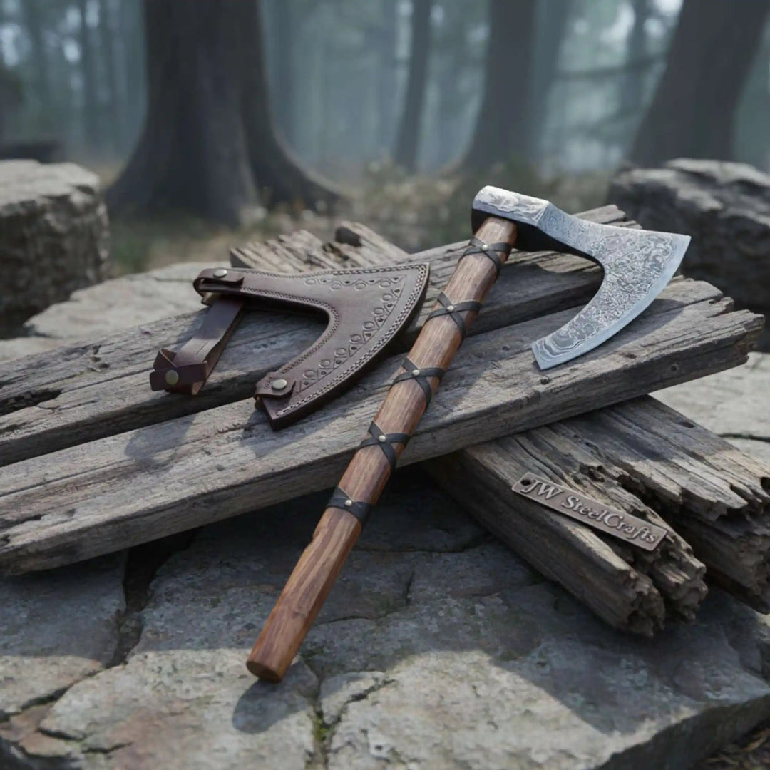 
JW SteelCrafts Damascus Skeggøx bearded axe with leather wrap handle on white background