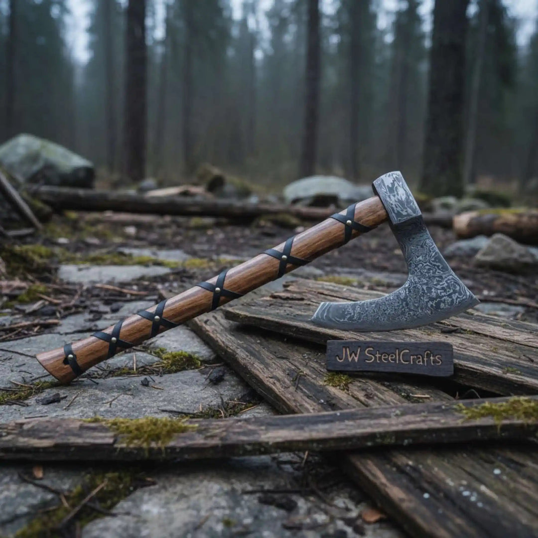 Closeup of pattern welded Damascus steel on hand forged Skeggøx bearded axe head