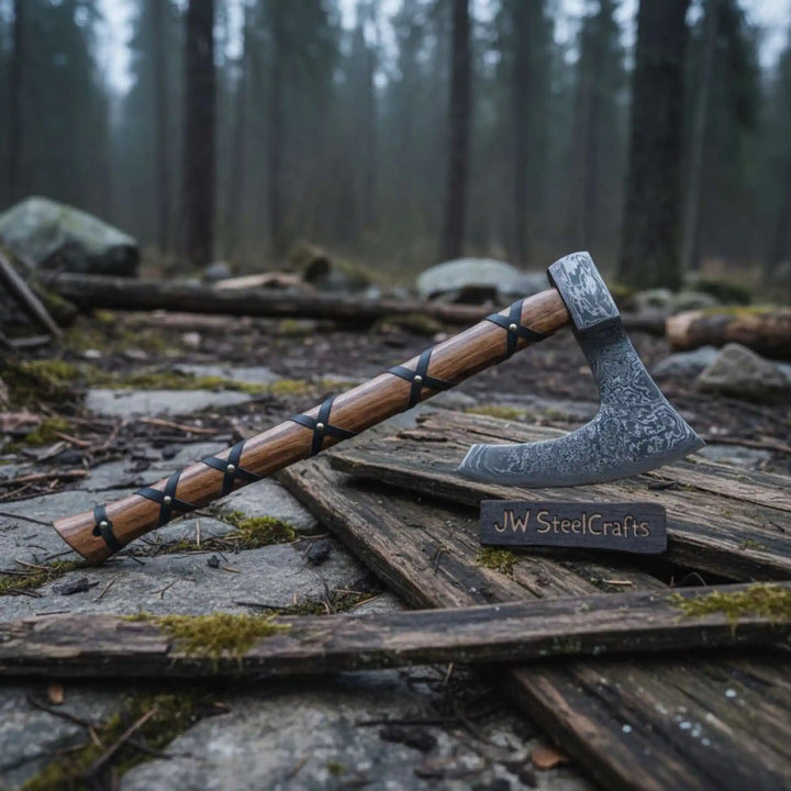Closeup of pattern welded Damascus steel on hand forged Skeggøx bearded axe head
