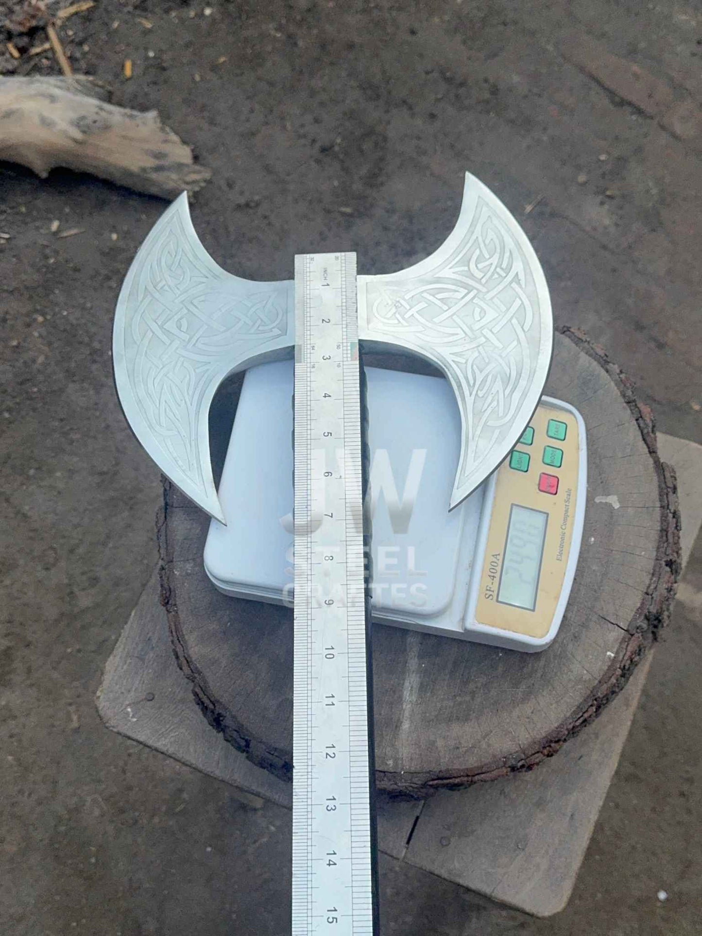 Handmade Viking Double-Headed Battle Axe – Custom Engraved Blade with Leather Sheath