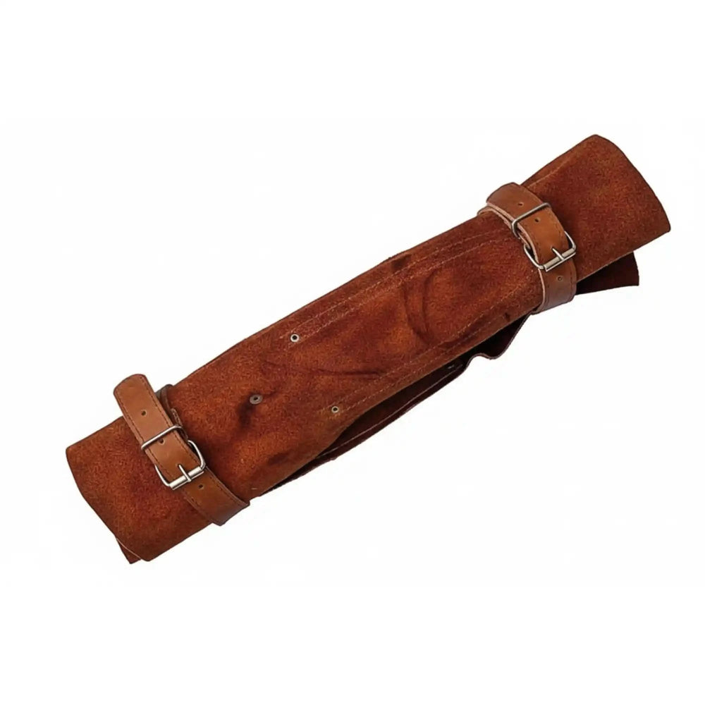 High quality leather knife storage accessory presented in rolled form with elegant handcrafted craftsmanship details.