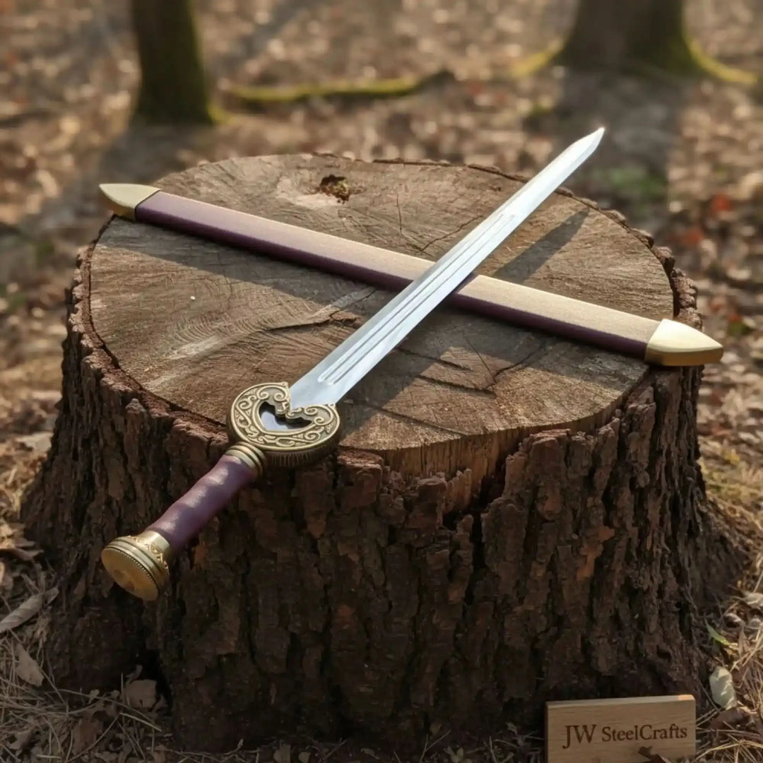 An elegant cane sword resting across its sheath in a woodland outdoor setting
