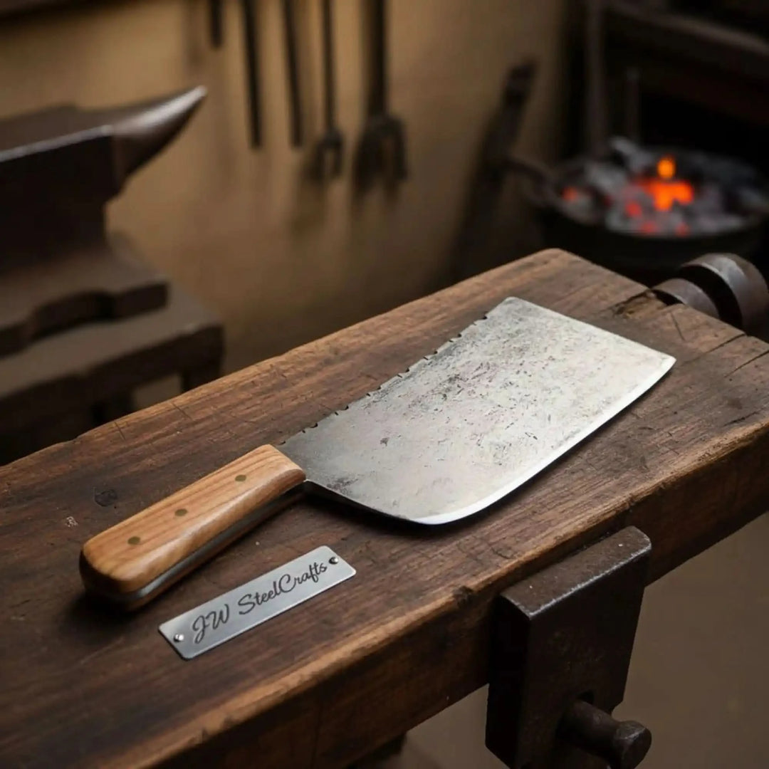Heavy duty cleaver knife on rustic table with light handle and polished blade edg