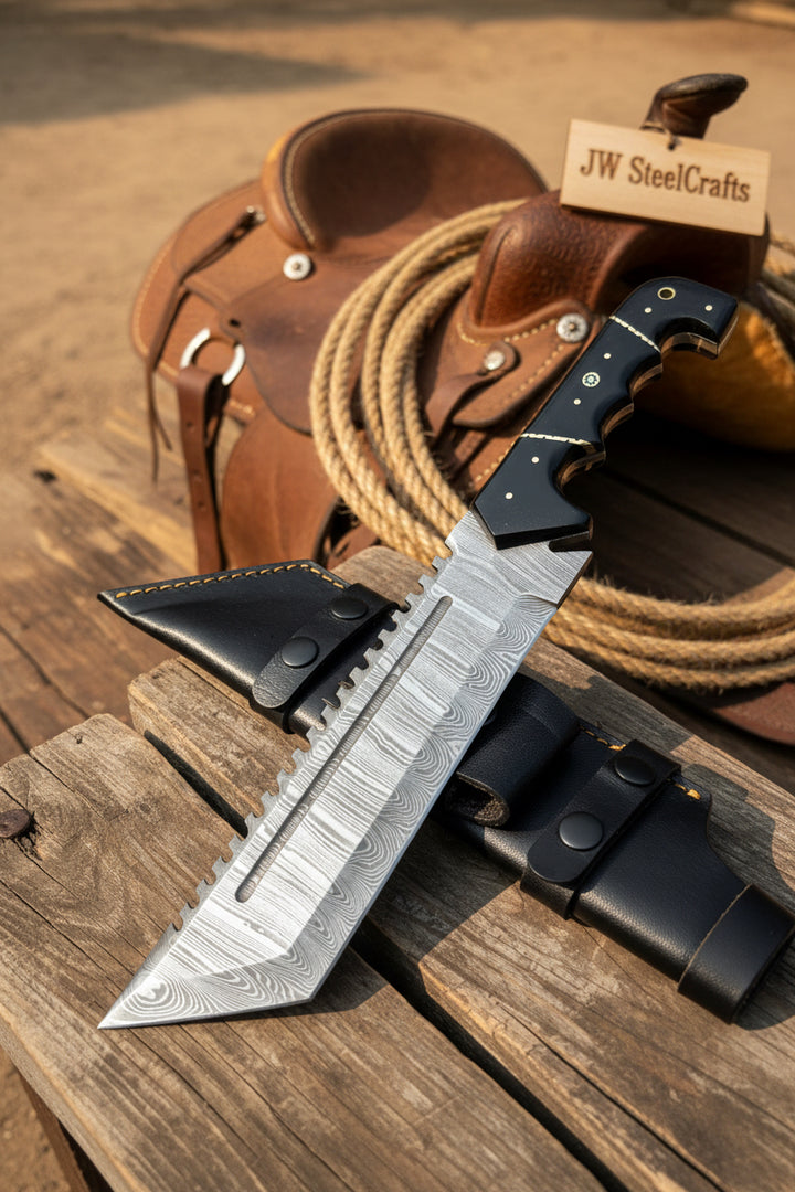 Voyager Vanguard Handmade Damascus Steel Hunting Tracker  Knife With Black Sheath On A Wooden Surface, Leather Bag In The Background
