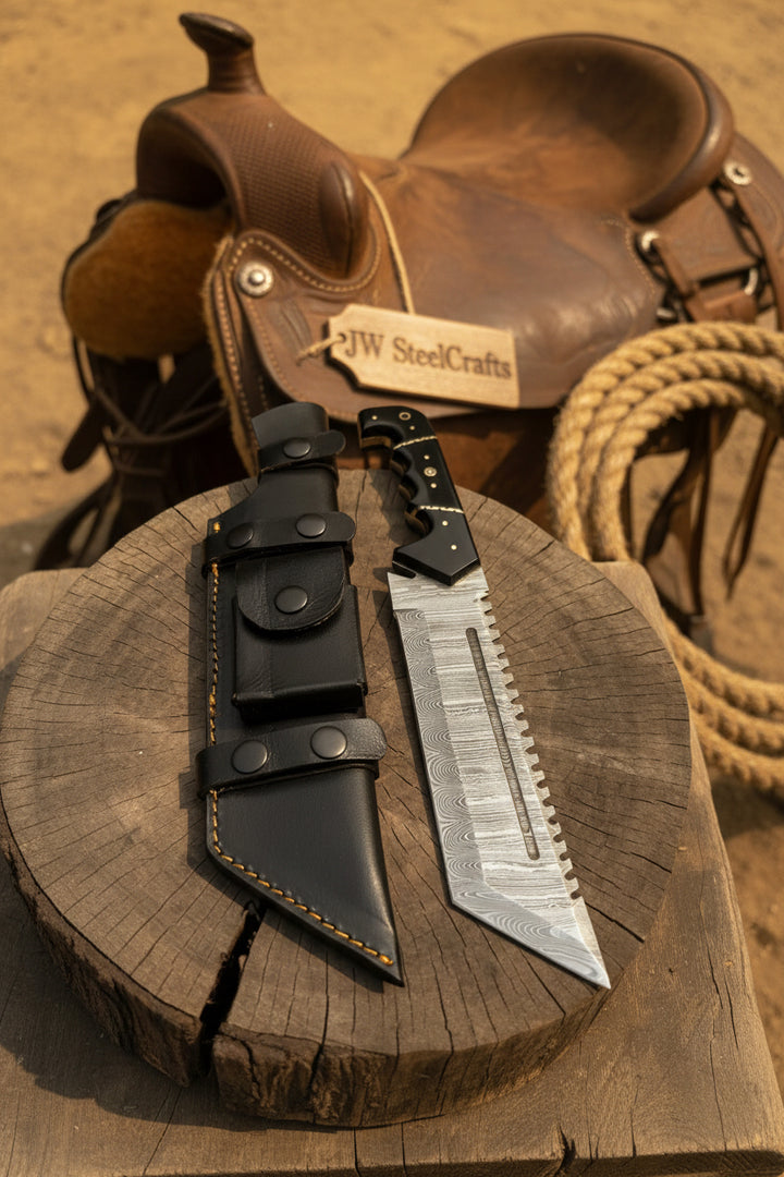 Voyager Vanguard Handmade Damascus Steel Hunting Tracker Knife With Sheath On A Wooden Surface Next To A Leather Saddle And Rope.