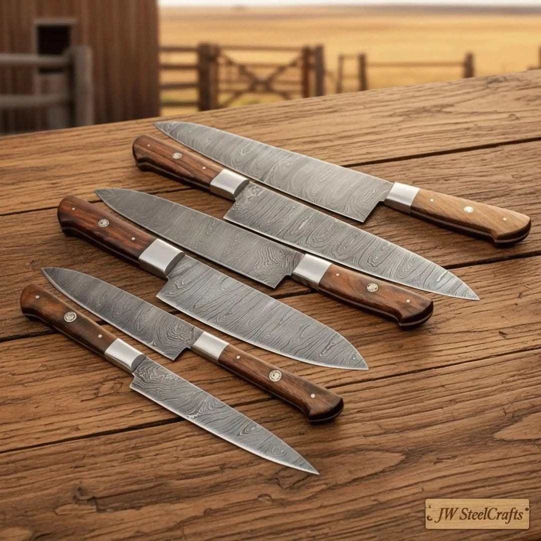 Artisan prep and slicing blades arranged neatly with ergonomic wooden grips.
