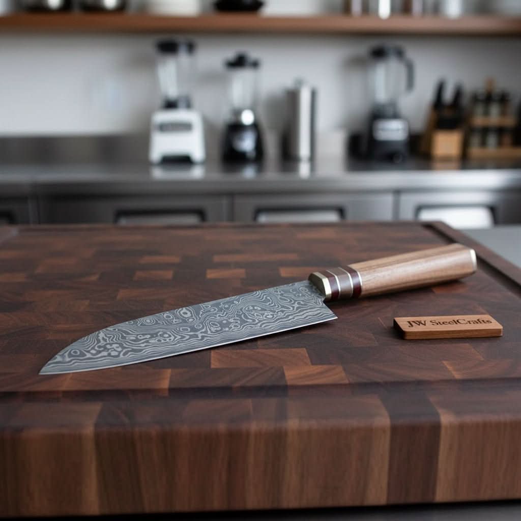     Exhibiting a classic chef knife profile, the Damascus blade pairs with a walnut wood handle.
