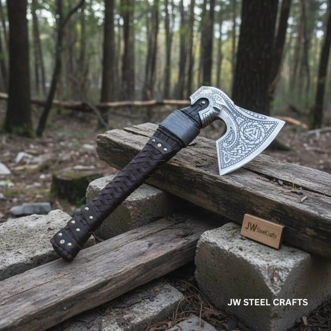Rustic Celtic hand axe display with polished engraved blade and handcrafted dark leather-covered handle.